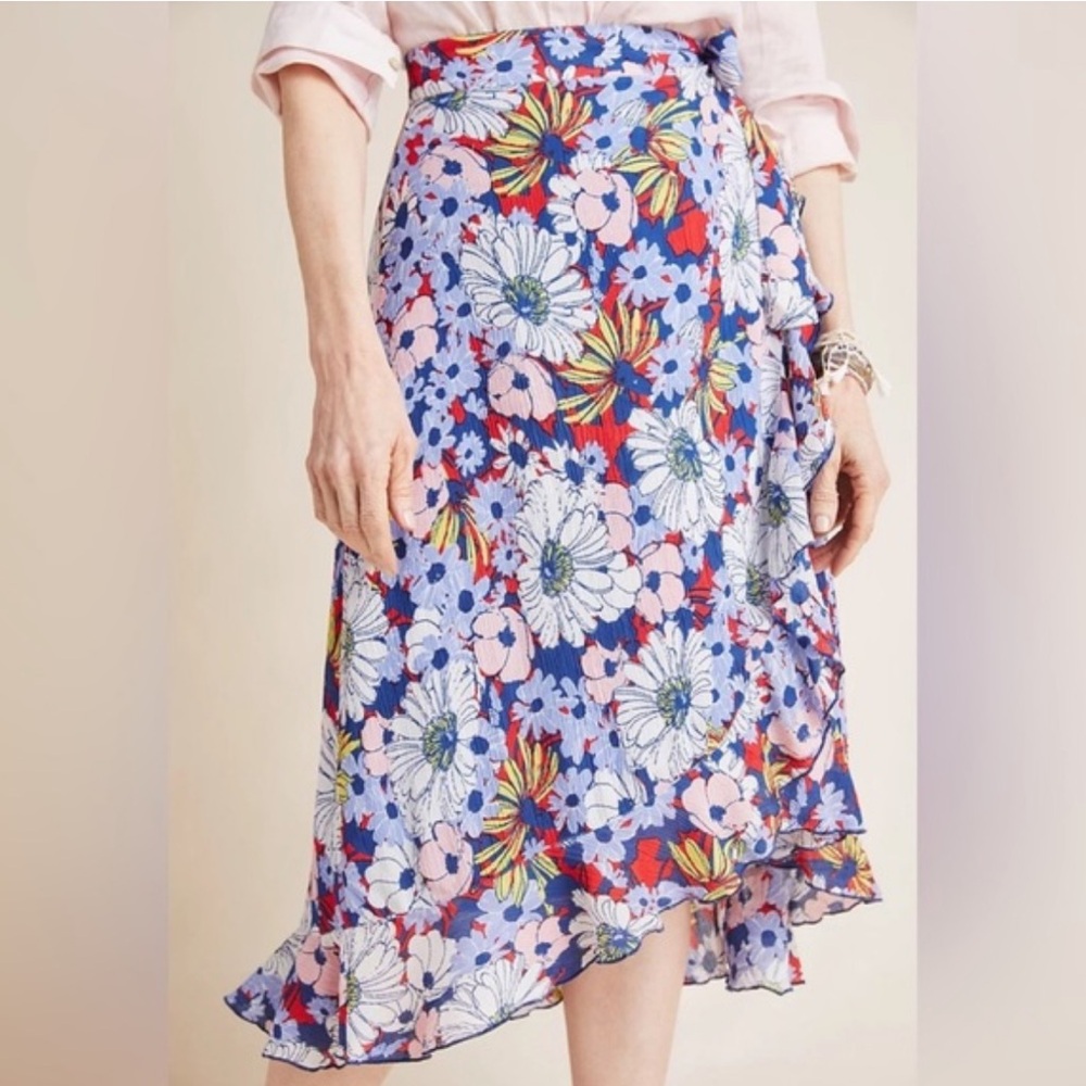 NWOT Maeve Anthropologie Sybil Wrap Midi Skirt Women’s Medium Blue Motif Floral